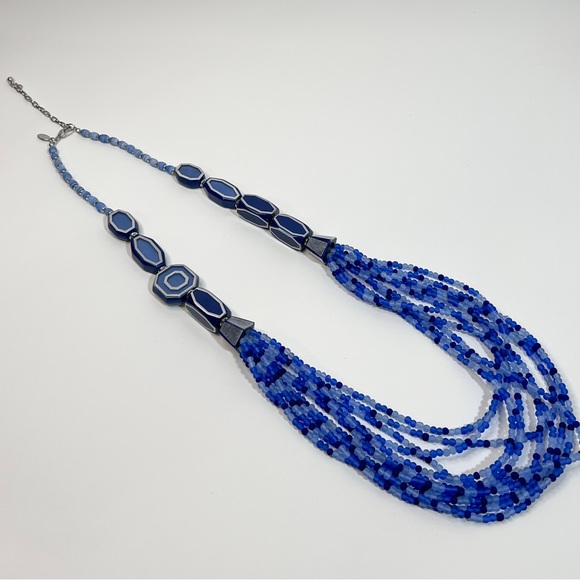 NWOT Blue Beaded Multi-Strand Necklace | Colbalt Blue Silver Statement Jewelry - Picture 2 of 6